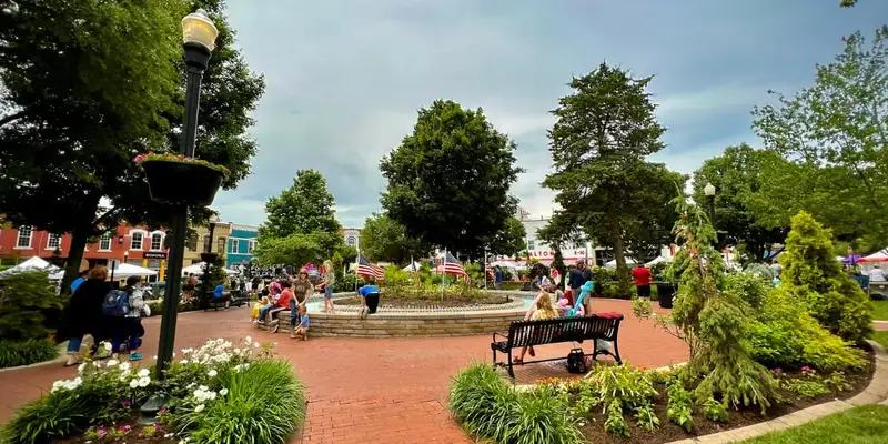 Historic Bentonville town square with shops and restaurants in downtown Northwest Arkansas