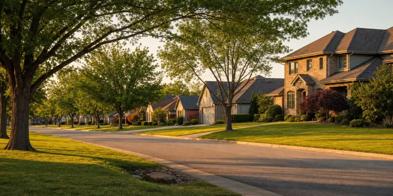 Established Broken Arrow, Oklahoma residential street with mid-century ranch homes and newer two-story brick homes under mature shade trees in late-afternoon light