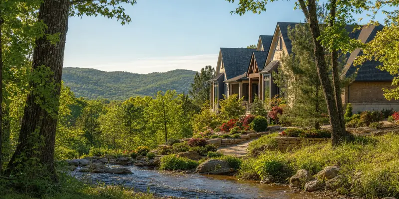 Ozark hillside home near Cassville, Missouri with steep architectural roofline overlooking a clear stream and the wooded Barry County hills