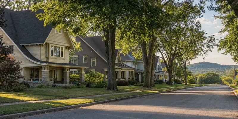 Historic Craftsman and Victorian homes lining a tree-canopied Claremore, Oklahoma street with the rolling Ozark foothills visible in the distance