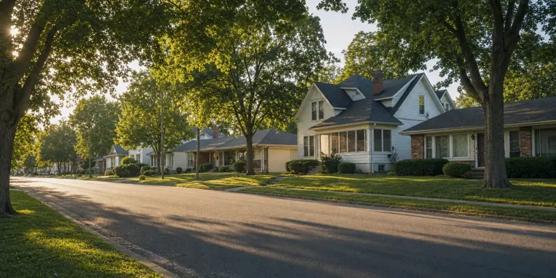Tree-lined residential street in Monett, Missouri with mid-century homes and mature trees in the summer afternoon light
