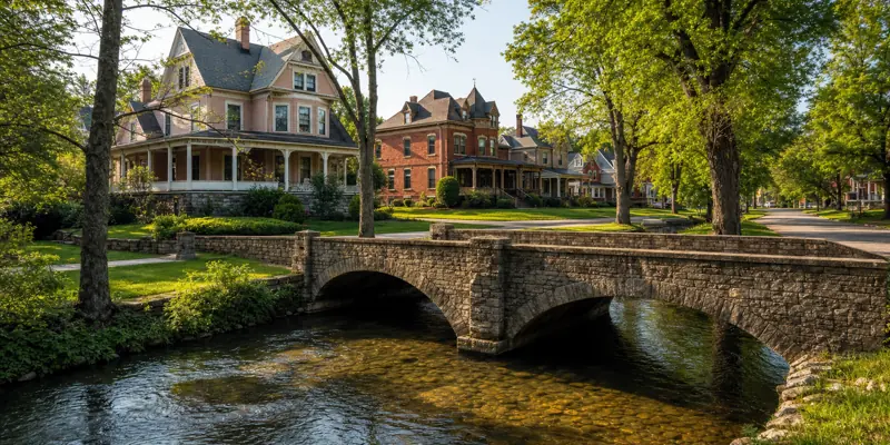Historic Victorian-era homes and a stone bridge over a clear spring-fed stream in downtown Neosho, Missouri