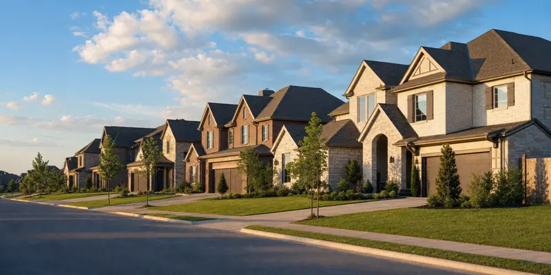 Newer brick and stone two-story homes with architectural shingle roofs in a fast-growing Owasso, Oklahoma subdivision under a partly cloudy Oklahoma sky