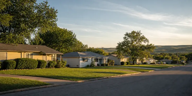 Quiet residential street in Pryor Creek, Oklahoma with single-story homes and shade trees framed by the rolling Mayes County hills in the distance