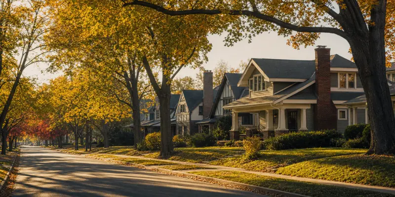 Tree-lined historic residential street in Springfield, Missouri with Craftsman bungalows and Tudor-style homes at golden hour