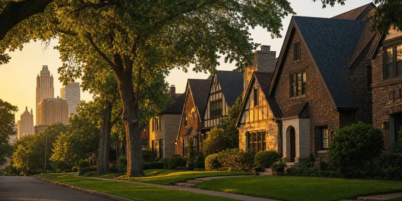 Historic Tudor Revival and Craftsman homes lining a tree-shaded midtown Tulsa street with the Art Deco downtown skyline in the background